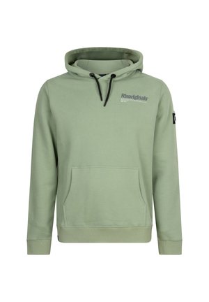 Hellgrüner Hoodie aus weichem Material, mit einer Fronttasche, verstellbarem Kordelzug an der Kapuze und gerippten Bündchen mit Branding-Detail.