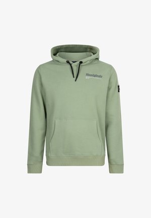 Hellgrüner Hoodie aus weichem Material, mit einer Fronttasche, verstellbarem Kordelzug an der Kapuze und gerippten Bündchen mit Branding-Detail.