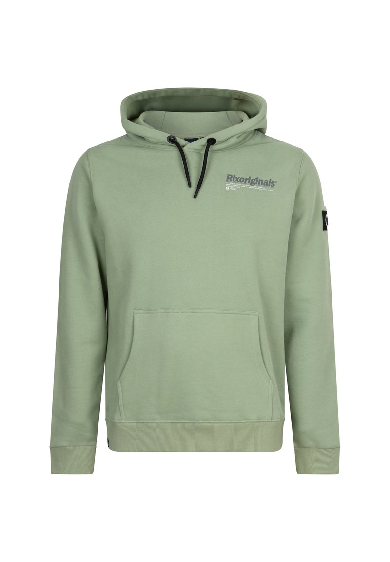 Hellgrüner Hoodie aus weichem Material, mit einer Fronttasche, verstellbarem Kordelzug an der Kapuze und gerippten Bündchen mit Branding-Detail.