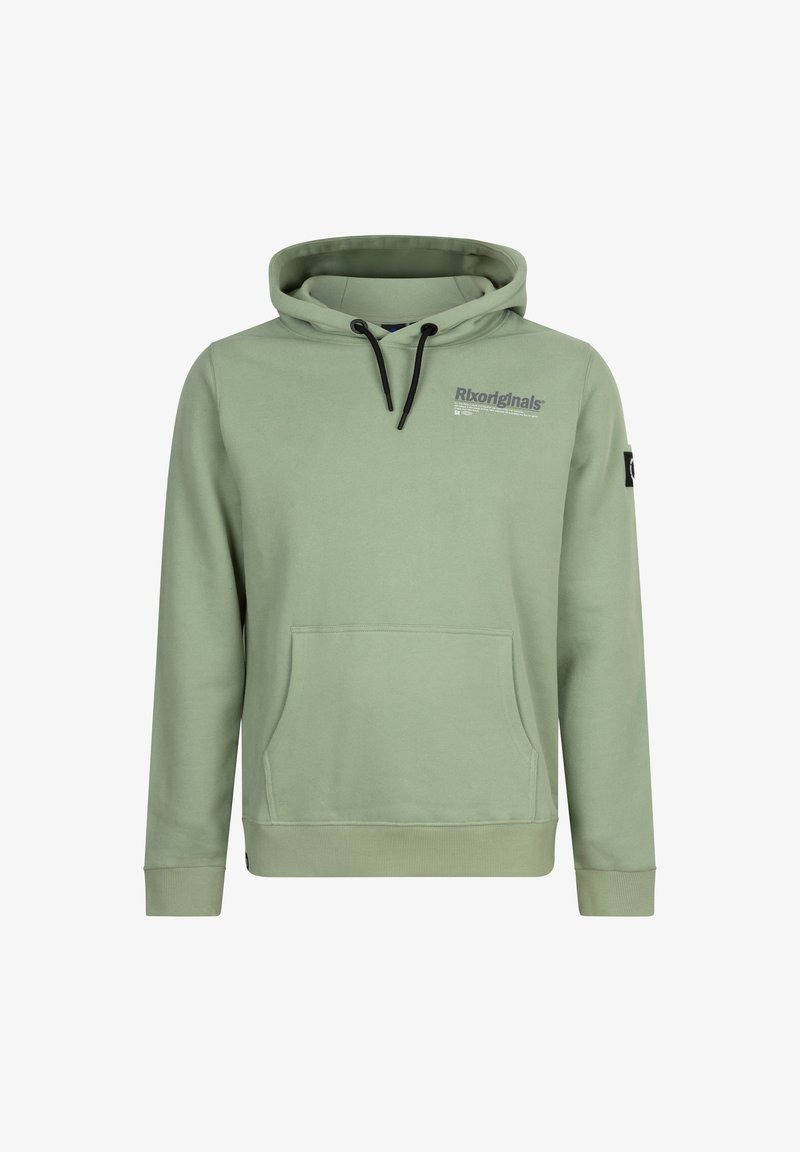 Lys grøn hoodie lavet af blødt stof, med en frontlomme, justerbar hætte med snøre og ribbede mansjetter med brandingdetalje.