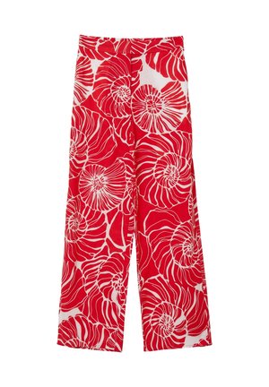 Pantaloni in tessuto rosso con un motivo a spirale bianco, design a gamba larga, texture liscia e vita alta.