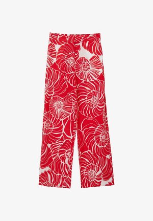 Pantaloni in tessuto rosso con un motivo a spirale bianco, design a gamba larga, texture liscia e vita alta.
