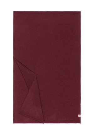 Burgundy blanket made of soft fabric, featuring a folded corner, clean edges, and a small label on one side. Smooth texture, solid color.