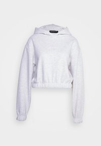 Cropped gray hoodie in soft fabric with a drawstring hood, elastic waistband, and ribbed cuffs. Features embroidered logo front.