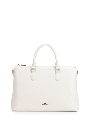 White leather handbag with double handles, gold hardware, and a small gold brand logo on the front center.