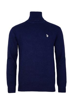 Marineblauer Rollkragenpullover mit langen Ärmeln und einem kleinen weißen gestickten Pferd- und Reiterlogo auf der linken Brust.