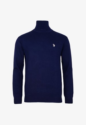 Tummansininen pooloneule, jossa on pitkät hihat ja vasemmassa rinnassa pieni valkoinen brodeerattu hevonen ja ratsastaja -logo.