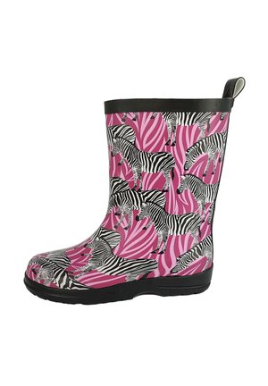 Botte de pluie en caoutchouc rose avec un motif zèbre noir sur un fond rose tourbillonné, avec un bord supérieur noir et une languette de tirage.