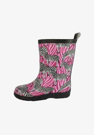 Pinke Gummistiefel mit einem schwarzen Zebra-Muster auf einem geschwungenen rosa Hintergrund, mit einem schwarzen oberen Rand und einer Zuglasche.