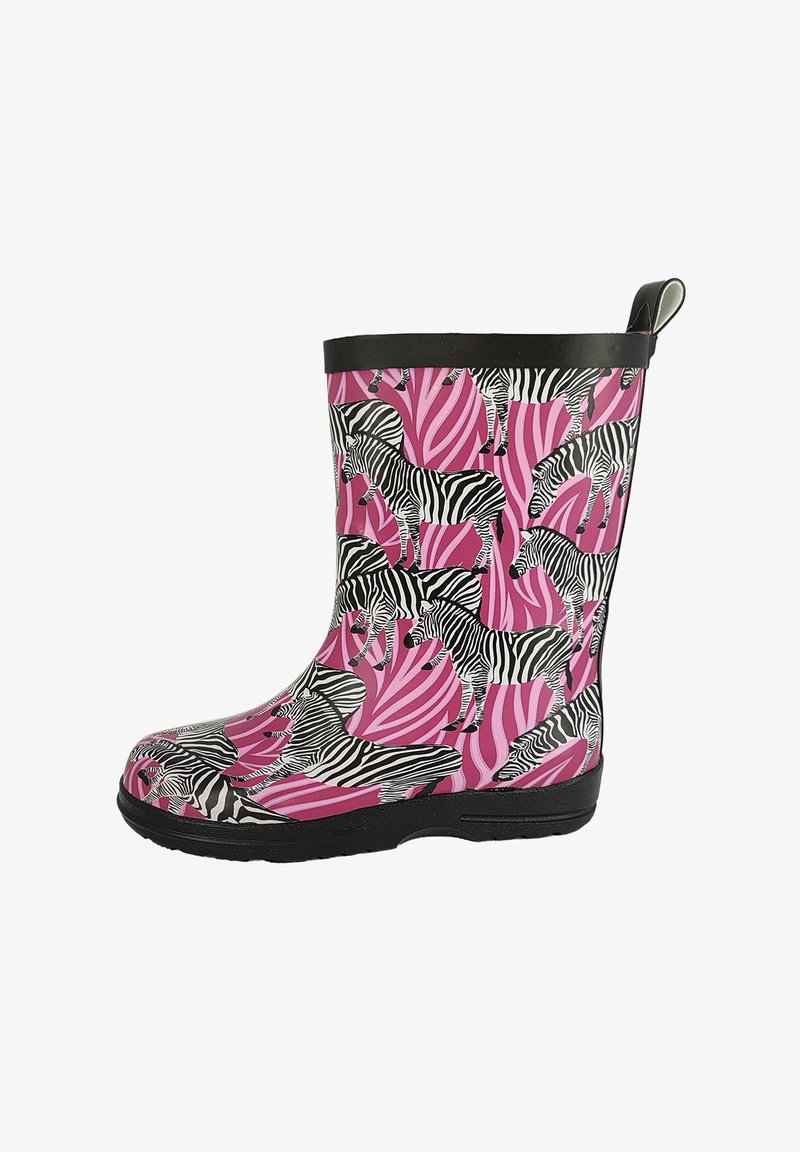 Roze rubberen regenlaars met een zwart zebrapatroon op een gezwollen roze achtergrond, met een zwarte bovenrand en trekband.