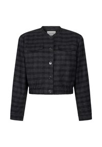 Donkergrijze cropped jack met subtiel ruitpatroon, lange mouwen, ronde kraag, drukknoopsluiting aan de voorkant en twee borstzakken met klep.