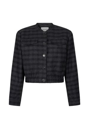 Dunkelgraue, kurz geschnittene Jacke mit dezentem Karomuster, langen Ärmeln, rundem Kragen, Druckknöpfen auf der Vorderseite und zwei Brusttaschen mit Klappen.