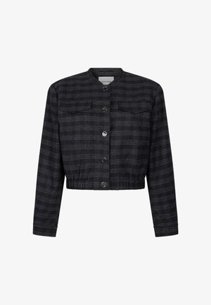 Dunkelgraue, kurz geschnittene Jacke mit dezentem Karomuster, langen Ärmeln, rundem Kragen, Druckknöpfen auf der Vorderseite und zwei Brusttaschen mit Klappen.