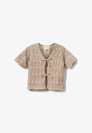 Bež kratki pamučni kardigan s uzorkom čipke i dva prednja vezanja, označen Sofie Schnoor.