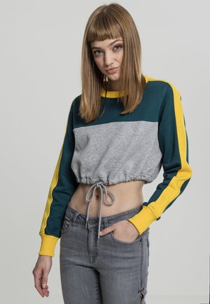 Cropped sweatshirt with green, gray, and yellow panels, drawstring waist, ribbed cuffs, and a soft texture. Paired with gray jeans.