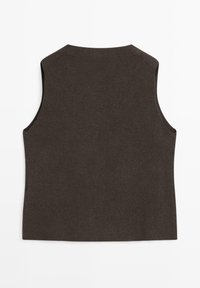 Haut sans manches, de couleur brun foncé avec une texture lisse, de forme rectangulaire et des coutures arrondies aux épaules. Aucun système de fermeture ni motif visible.