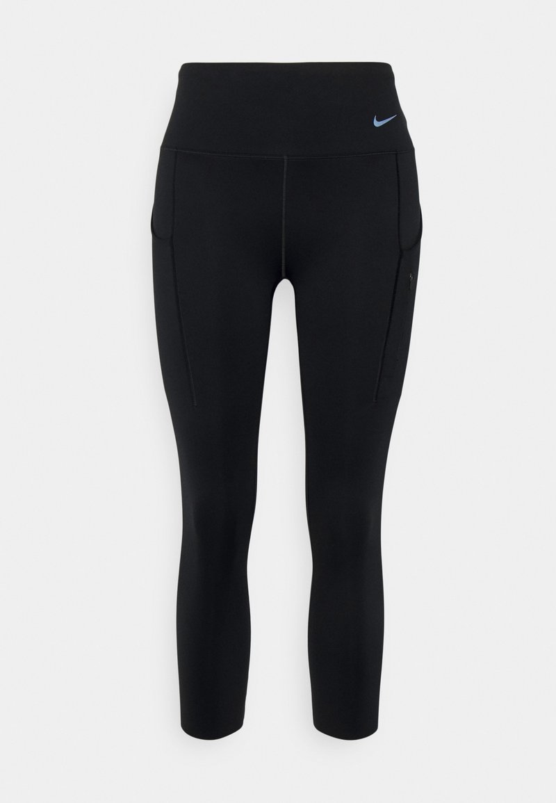 Leggings de sport noirs avec une taille haute, des poches latérales et un logo Nike bleu. Fabriqués en matériau extensible et respirant.