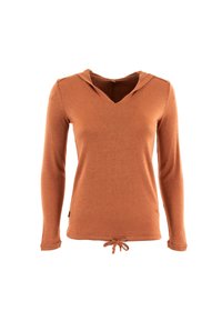 Felpa a maniche lunghe con cappuccio in arancione ruggine, realizzata in tessuto morbido. Presenta un collo a V e un orlo regolabile con cordino per personalizzare la vestibilità.