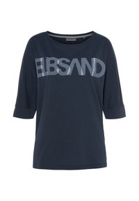 Navyblaues T-Shirt mit rundem Ausschnitt, 3/4-Ärmeln und einem großen, hellgrauen "ELBSAND"-Logo auf der Vorderseite. Aus weichem Baumwollstoff.