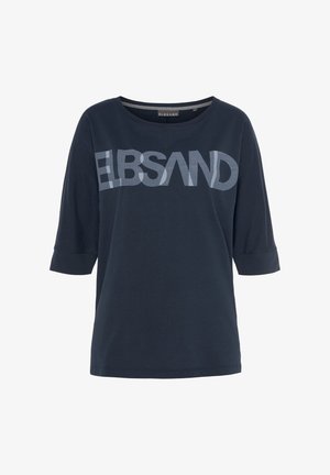 Navy blue T-shirt with a round neckline, three-quarter sleeves, and a large, light gray "ELBSAND" logo across the front. Soft cotton fabric.