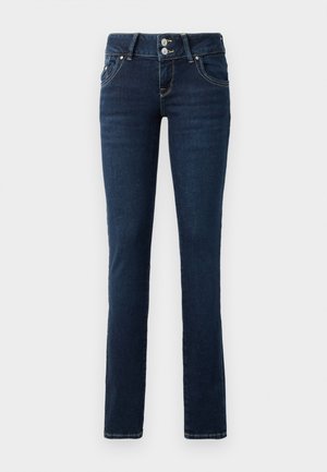 Mørkeblå skinny jeans med dobbeltknap-lukning, forlommer og gul syning på hvid baggrund.