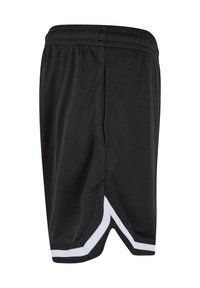 Shorts de sport noirs avec une bande blanche sur le côté et une taille élastique, en tissu mesh respirant.