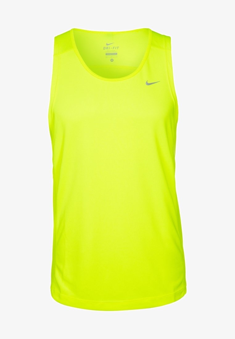 Débardeur de sport sans manches jaune vif avec logo Nike sur la poitrine gauche et étiquette Dri-Fit à l'intérieur du col.