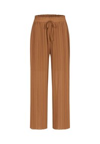 Brown pleated trousers with a relaxed fit, featuring an elastic waistband and adjustable drawstring for comfort and flexibility.