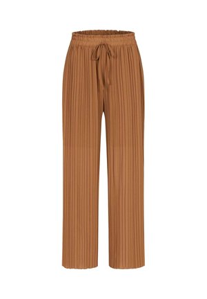 Rudos klostuoti kelnių su laisvu siluetu, turintys elastinį juosmenį ir reguliuojamą raištelį patogumui ir lankstumui.