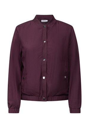 Burgundy bomber jacket with a smooth, textured finish, featuring snap buttons, side pockets, and a ribbed hem and cuffs.