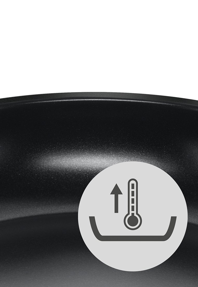 Schwarzer Kochtopf mit glatter, matter Oberfläche. Verfügt über ein Symbol zur Temperaturüberwachung. Abgerundete Form, minimalistisches Design.
