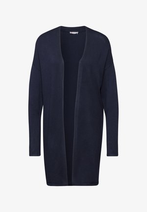 Cardigan lungo navy a maniche lunghe, aperto davanti, realizzato in un tessuto morbido e leggero con una finitura liscia e una vestibilità comoda. Senza chiusure o fantasie.