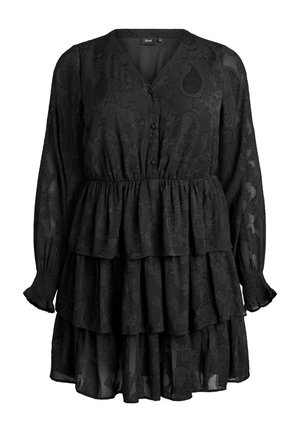 Melna, slāņota kleita ar garām piedurknēm, V veida kakla izgriezumu, pogu aizdari un teksturētu ziedu rakstu. Izgatavota no viegla auduma ar ručingu.