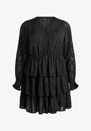 Vestido negro de capas con mangas largas, escote en V, cierre de botones y patrón floral texturizado. Fabricado con una tela ligera con fruncidos.