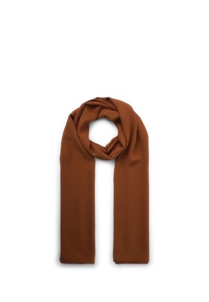 Leichter brauner Schal, in einer Schlaufe angeordnet, mit zwei langen Enden, die vertikal auf einem weißen Hintergrund hängen.