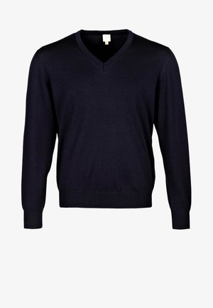 Laivastonsininen v-kauluksellinen villapaita, jossa on pitkät hihat, röyhelöillä varustetut hihansuut ja helma, valmistettu pehmeästä ja sileästä neuleesta, ja siinä on klassinen malli.