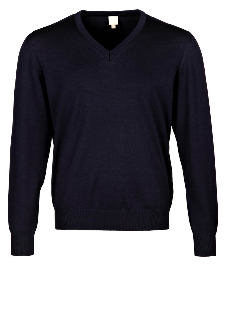 Marineblaues V-Ausschnitt-Pullover mit langen Ärmeln, gerippten Bündchen und Saum, aus einem weichen, glatten Strickstoff gefertigt, in klassischer Passform.