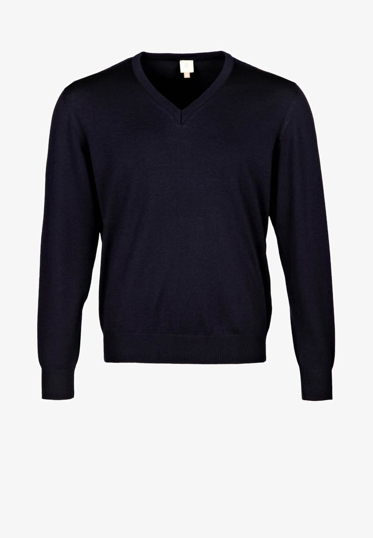 Marineblaues V-Ausschnitt-Pullover mit langen Ärmeln, gerippten Bündchen und Saum, aus einem weichen, glatten Strickstoff gefertigt, in klassischer Passform.