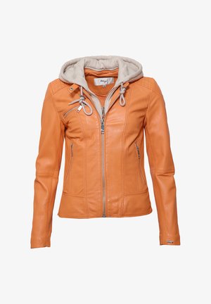 Orange Lederjacke mit einer hellgrauen Kapuze. Mit Reißverschluss, Seitentaschen und strukturiertem Nähen ausgestattet. Glatte Oberfläche und taillierte Passform.