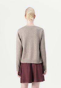 Beige gebreide trui met lange mouwen en ribbelzoom, gecombineerd met een kastanjebruine rok. Soepele textuur, klassieke silhoeët, eenvoudig ontwerp.