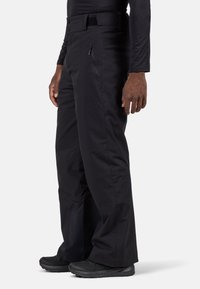 Pantaloni da neve neri con taglio dritto, cintura regolabile con bottoni, tasca con zip e fondo rinforzato.