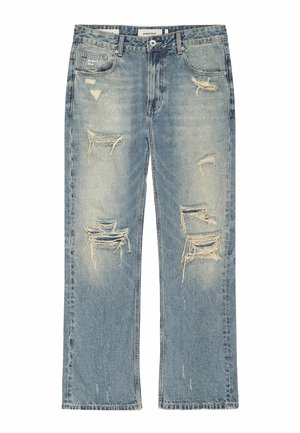 Hellblaue Denim-Jeans mit mehreren abgenutzten und zerrissenen Stellen an Vorderseiten der Oberschenkel und Knien, gerade geschnitten, Fünf-Taschen-Stil.