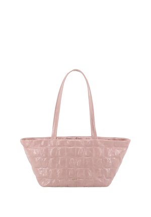 Light pink glossy crocodile-patterned tote bag with two long handles and a small gold logo on the front center.