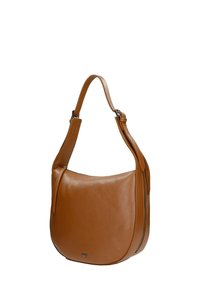 Braune Leder-Umhängetasche mit abgerundetem Boden, verstellbarem Riemen, Reißverschlussverschluss und kleinem metallischem Logo auf der Vorderseite.