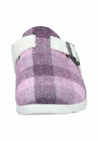 Felt clogs in shades of pink and gray, featuring a white strap with a metal buckle and a textured, fuzzy surface. Solid white sole.