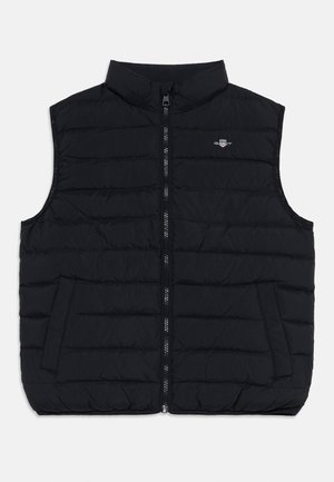 Gilet nero trapuntato senza maniche con cerniera frontale, collo alto, due tasche laterali e un piccolo logo sul petto sinistro.