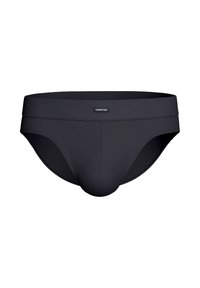 Black underwear with a smooth, stretchy fabric. Features a wide waistband with a small logo tag and a contoured pouch for support.