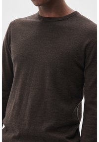 Man i en enkel brun långärmad tröja med rund halsringning, visad från bröstet till nacke mot en vit bakgrund.