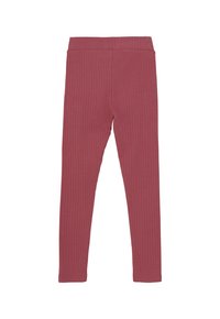 Dziecięce legginsy z prążkowanej tkaniny w kolorze przykurzonego różu z elastycznym pasem, pokazane na płasko na białym tle.