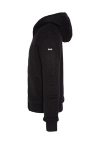 Czarna dzianinowa bluza z kapturem z prążkowanym dołem i mankietami, kieszeniami bocznymi oraz metką na górnej części rękawa. Gładka tekstura, casualowy krój.